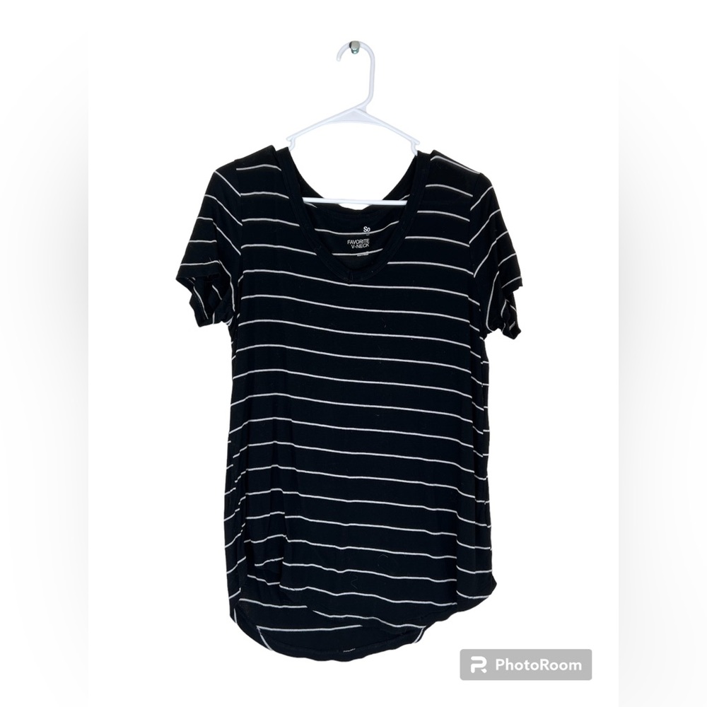 Simple black t-shirt with white strips.
